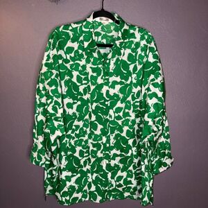 Diane von Furstenberg Green Leaf Print Oversized Button Down Shirt Pockets Sz L